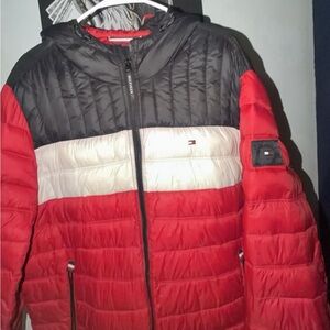 Tommy Hilfiger Men's Red, Black, and White Puffer Jacket